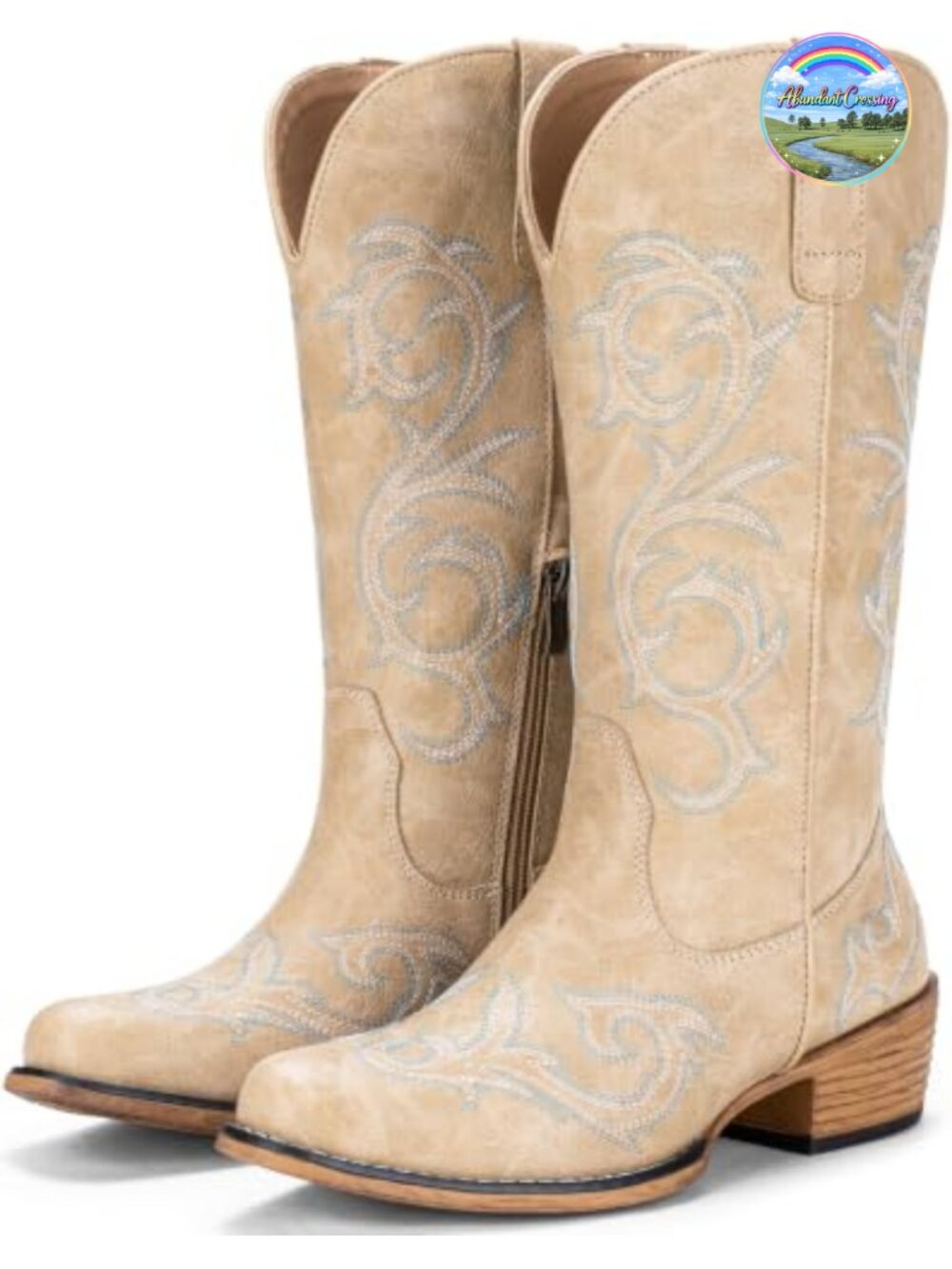 Wide Calf Cowboy Boots Faux Leather Embroidered Mid Calf Western Boots